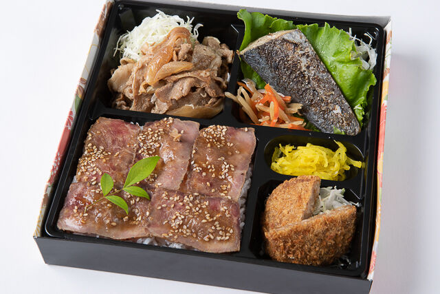 生姜焼き・季節の魚の西京焼き・メンチカツのローストビーフ重