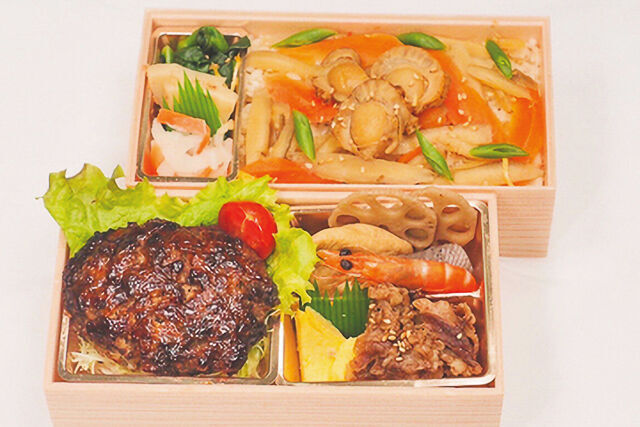 【熨斗対応可】特製黒毛和牛ハンバーグと肉厚ホタテの五目飯二段御膳