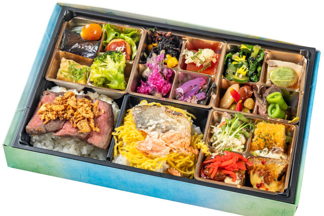 牛ステーキと塩麹サーモンの折詰