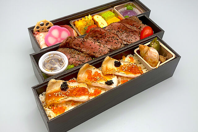 熟成牛ランプステーキと香草炭火ローストポークのトリュフ赤寿司重