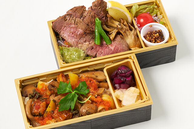 【秋限定】秋の味覚ポルチーニ入り炊き込みひつまぶしと熟成牛ランプステーキ二重弁当