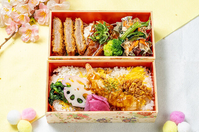 季節の野菜と牛カツと海老天弁当