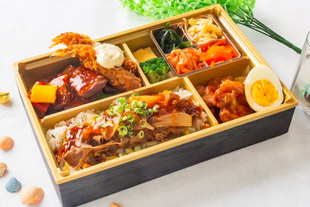 スタミナ牛と海老フライご膳