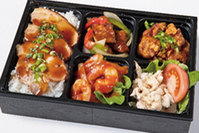 黒酢酢豚と本格エビチリの焼豚重弁当