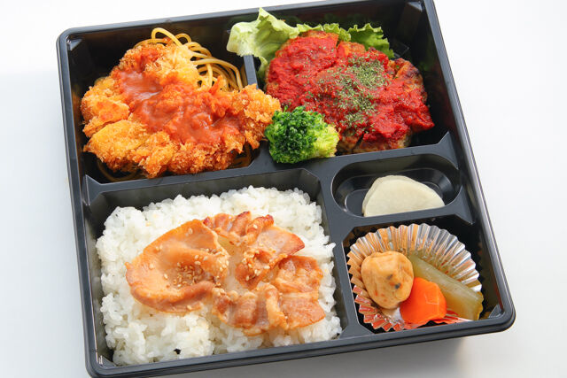 三元豚ロースとんかつと基本のトマトソースハンバーグの豚バラ照焼き重