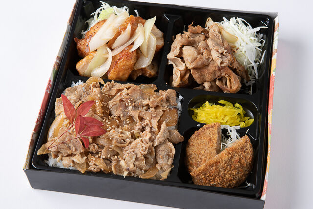 鶏のネギ塩炒め・生姜焼き・メンチカツの焼肉カルビ重