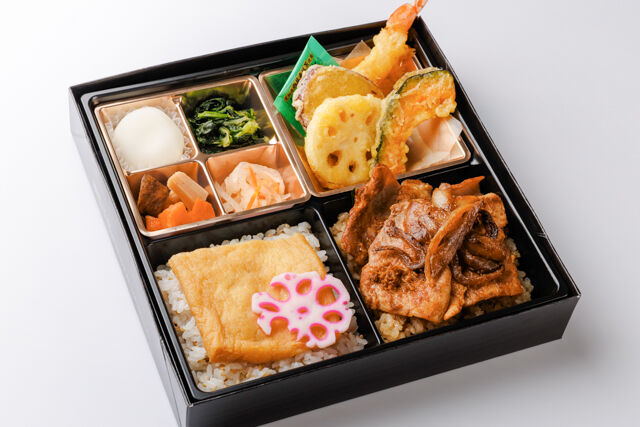 黄金比率の豚の生姜焼きと天ぷらと出汁の幕の内御膳