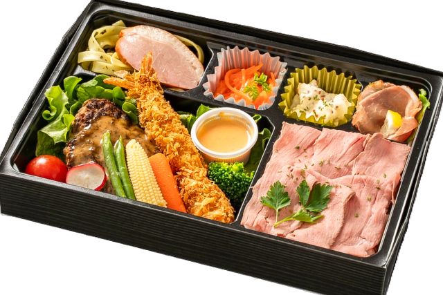 ローストビーフ重と牛タンハンバーグのシャンピニオンソースかけ弁当