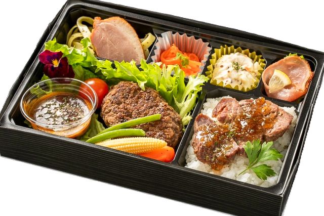 希少部位（サガリ）の牛ステーキと特製デミグラス牛タンハンバーグ弁当