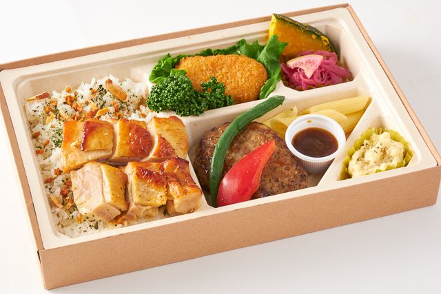 本格ハンバーグとWチキンステーキの肉盛弁当【白米】