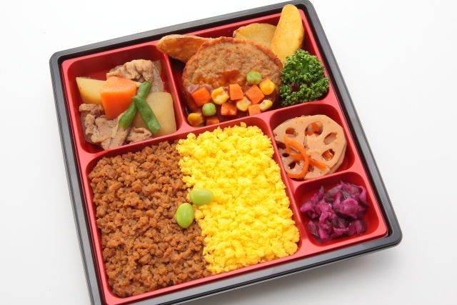 2色そぼろ弁当 ～デミハンバーグと手作り肉じゃが～