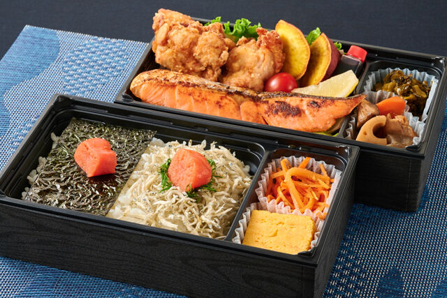 博多明太のり弁＆じゃこしそ明太ごはんと唐揚げ＆鳴海屋の焼き鮭二段御膳