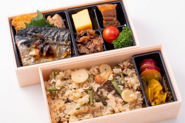 山菜ごはん～焼き鯖と3種の肉お菜の2段重～