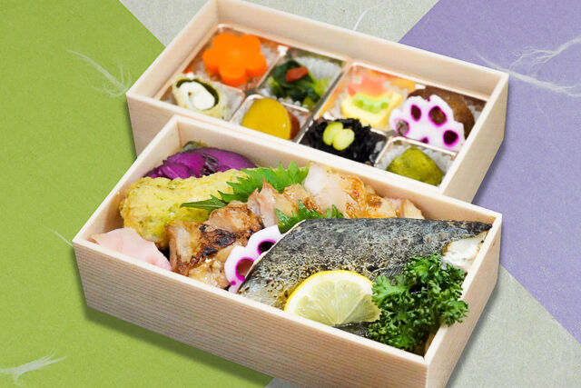 鶏照焼と焼魚海苔二段重