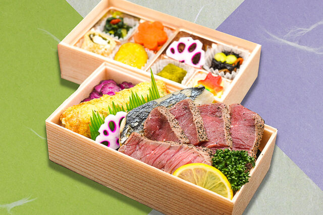 牛ステーキ焼魚海苔二段重